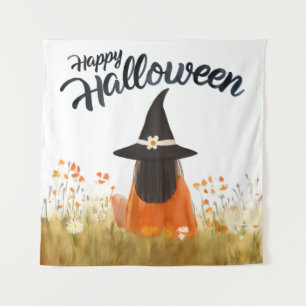 Halloween Witch in Flower Field Tapestry