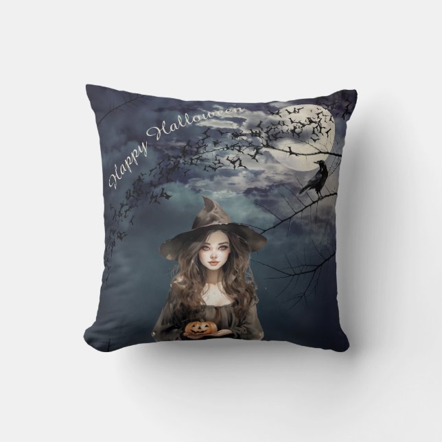 Halloween Witch in Moonlight  Cushion (Front)