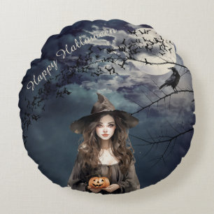 Halloween Witch in Moonlight  Round Cushion