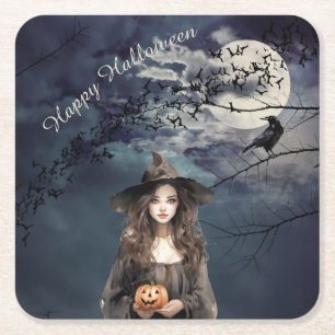 Halloween Witch in Moonlight Square Paper Coaster