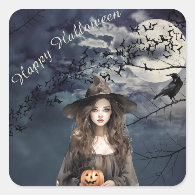 Halloween Witch in Moonlight  Square Sticker (Front)