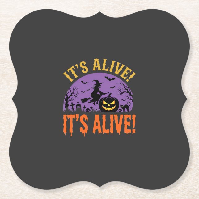 Halloween Witch Jack O Lantern It's Alive Paper Coaster (Front)