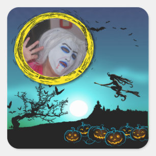 Halloween Witch, Jack o' Lanterns, Photo Frame Square Sticker