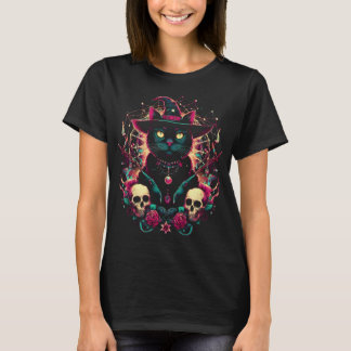 Halloween Witch Kitty Amongst Skulls and Roses T-Shirt