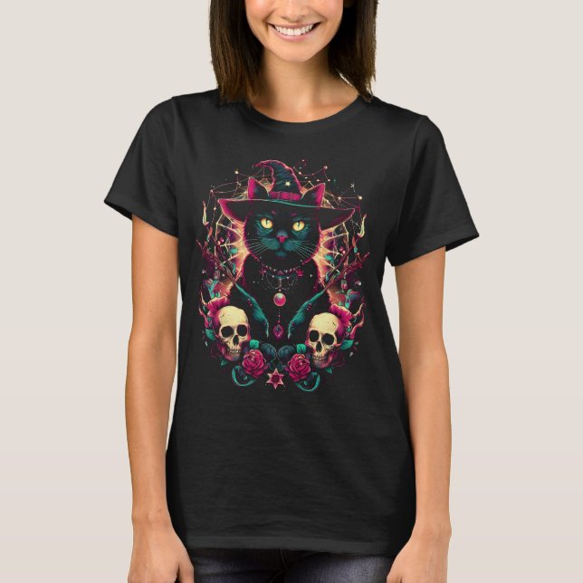 Halloween Witch Kitty Amongst Skulls and Roses T-Shirt (Front)
