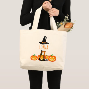 Halloween Witch Legs & Pumpkin Large Tote Bag