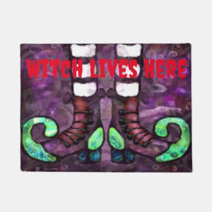 Halloween Witch Lives Here Boots Whimsical Doormat