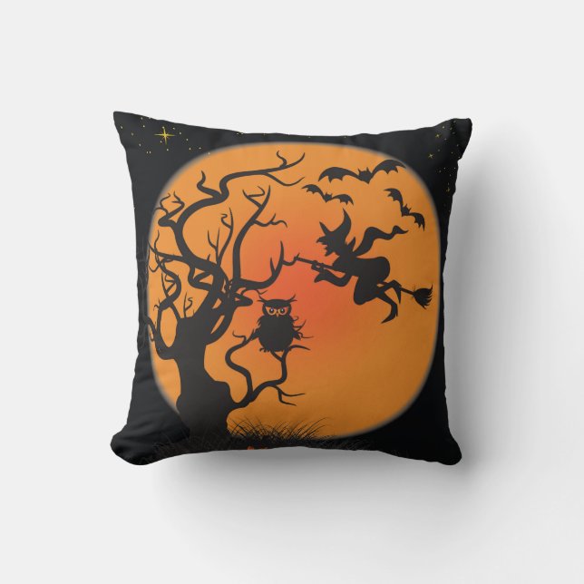 Halloween Witch Moon Bat Decorative Orange Black Cushion (Front)