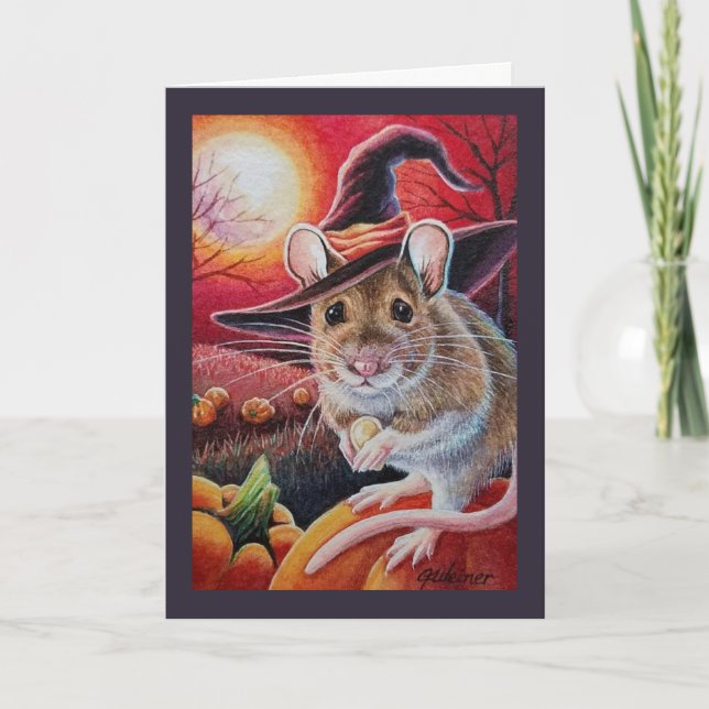 Halloween Witch Mouse Pumpkin Seed Watercolor Art Card (Front)