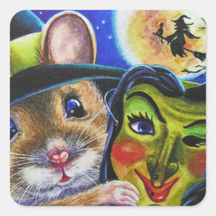 Halloween Witch Mouse Vintage Mask Watercolor Art Square Sticker