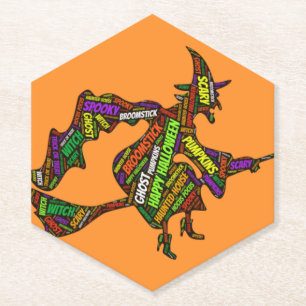 Halloween Witch on a Broomstick Orange Typography  Paper Coaster
