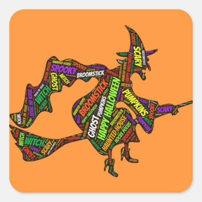 Halloween Witch on a Broomstick Orange Typography  Square Sticker (Front)