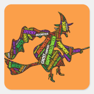 Halloween Witch on a Broomstick Orange Typography  Square Sticker