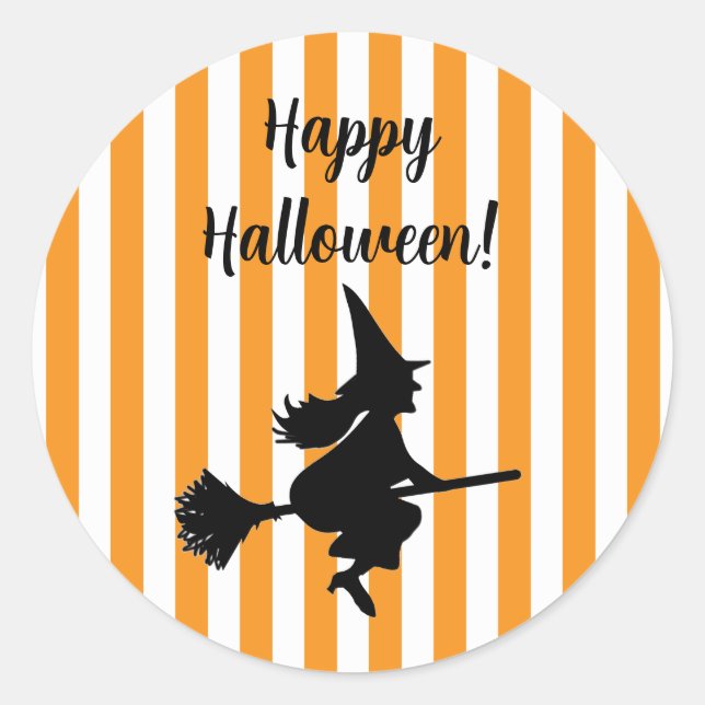 Halloween Witch on Broom Flying Classic Round Sticker (Front)
