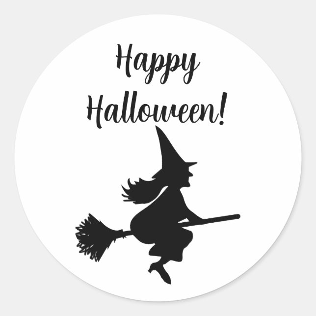 Halloween Witch on Broom Flying Classic Round Sticker (Front)