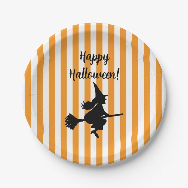 Halloween Witch on Broom Flying Paper Plate (Front)