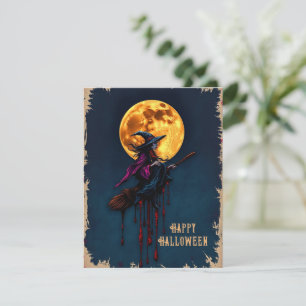 Halloween witch on broom holiday card