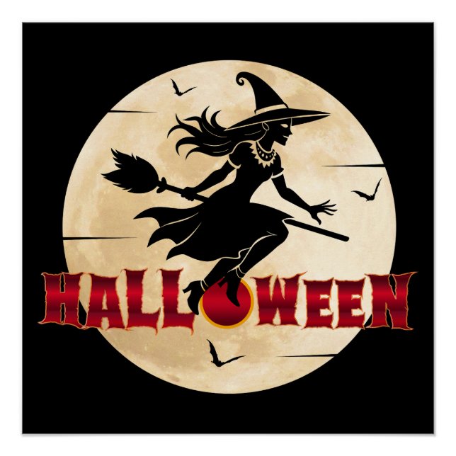 Halloween Witch On Broom Poster (Front)