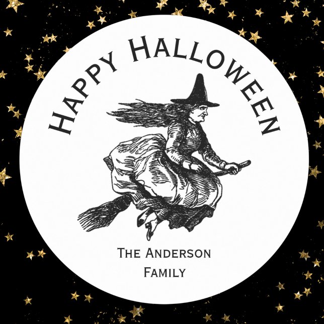 Halloween Witch on Broomstick Classic Round Sticker (Creator Uploaded)