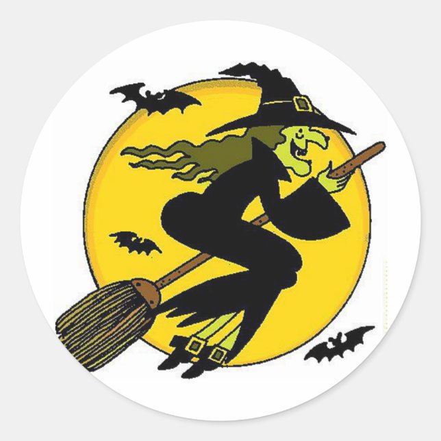 Halloween Witch On Broomstick Classic Round Sticker (Front)
