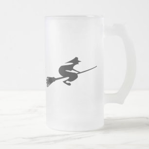 Halloween Witch On Broomstick Drinks Glass Frosted Glass Beer Mug