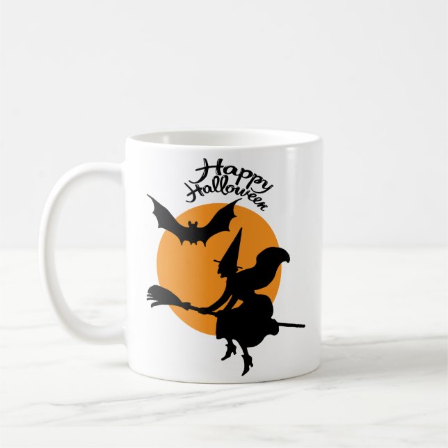 Halloween witch on broomstick with bat, witch coffee mug (Left)