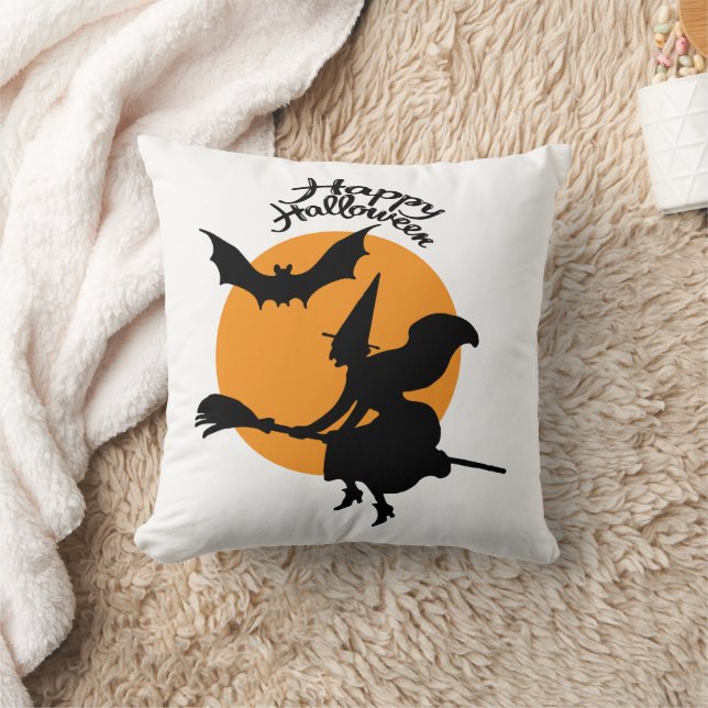 Halloween witch on broomstick with bat, witch cushion (Blanket)