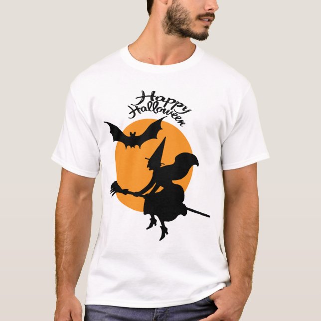 Halloween witch on broomstick with bat, witch T-Shirt (Front)