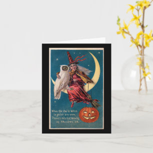 Halloween Witch on Moon with Owl Vintage Card