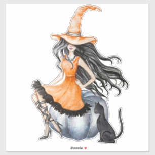 Halloween Witch on Pumpkin with Black Cat