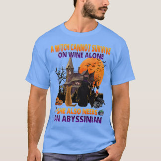 Halloween Witch On Wine And Funny Abyssinian Cat C T-Shirt