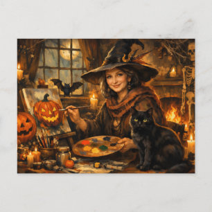 Halloween Witch Painting Pumpkin Postcard