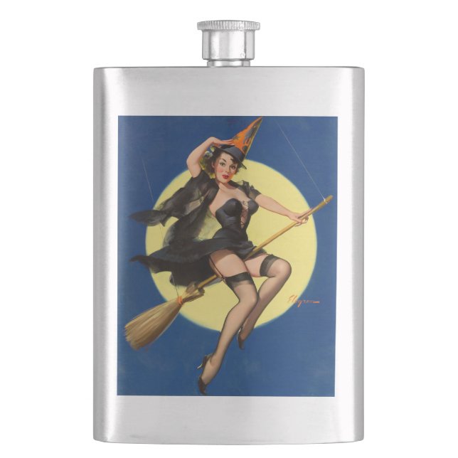 Halloween Witch Pin Up Girl Witch Hip Flask (Front)