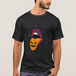 Halloween Witch Pink Lips Leopard Pattern Pumpkin T-Shirt