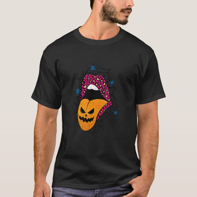 Halloween Witch Pink Lips Leopard Pattern Pumpkin  T-Shirt (Front)