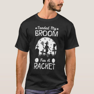 Halloween Witch Playing Tennis Sport Traded Broom T-Shirt