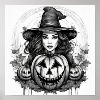 Halloween witch posing with carved jack-o'-lantern poster