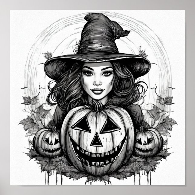 Halloween witch posing with carved jack-o'-lantern poster (Front)