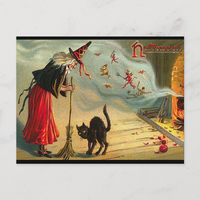 Halloween Witch Postcard, Black Cat, Broom, Magic Postcard (Front)