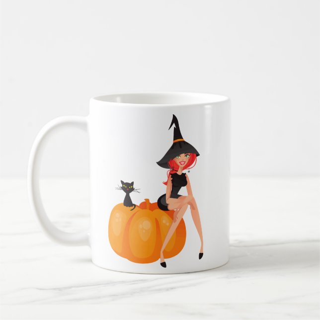 Halloween Witch Pumpkin & Black Cat Coffee Mug (Left)