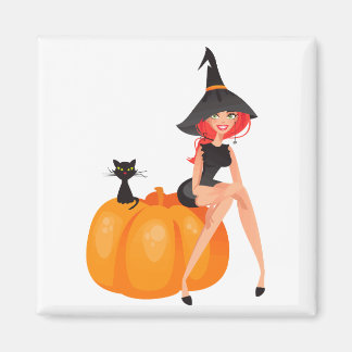 Halloween Witch Pumpkin & Black Cat Magnet