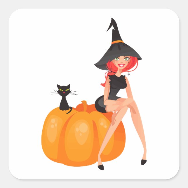 Halloween Witch Pumpkin & Black Cat Square Sticker (Front)