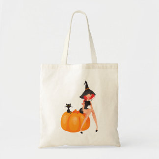 Halloween Witch Pumpkin & Black Cat Tote Bag