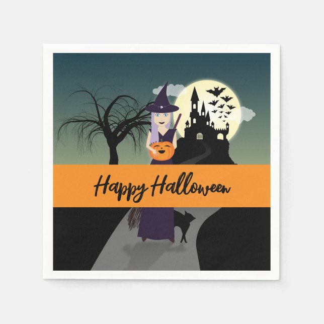 Halloween Witch Pumpkin Black cat Your text Napkin (Front)