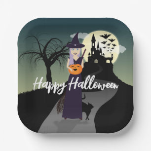 Halloween Witch Pumpkin Black cat Your text Paper Plate