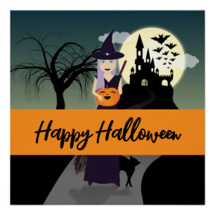Halloween Witch Pumpkin Black cat Your text Poster
