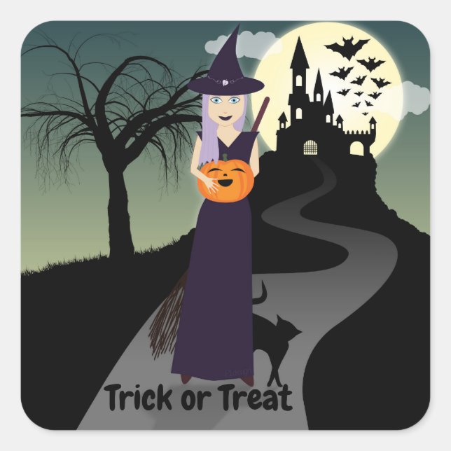 Halloween Witch Pumpkin Black cat Your text Square Sticker (Front)