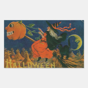 Halloween Witch Pumpkin Broomstick Vintage Rectangular Sticker