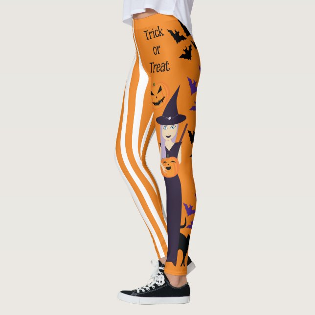 Halloween witch pumpkin cat bats vertical stripes leggings (Left)