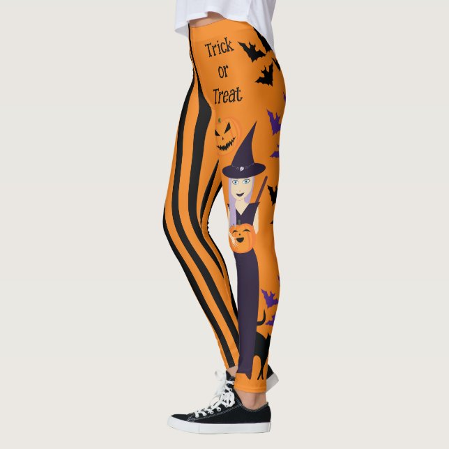 Halloween witch pumpkin cat bats vertical stripes leggings (Left)